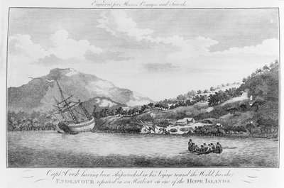 Captain Cook Having Been Shipwrecked in His Voyage Round the World Has the Endeavour Repaired in a Harbour on One of the Hope Islands, Engraved for Moore